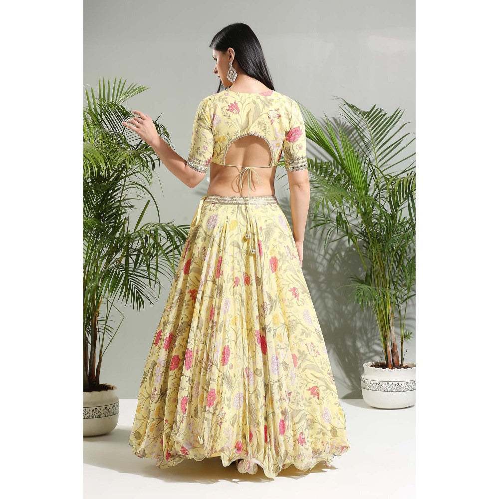 PRITI SAHNI DESIGNS Yellow Floral Lehenga with Blouse and Dupatta (Set of 3)