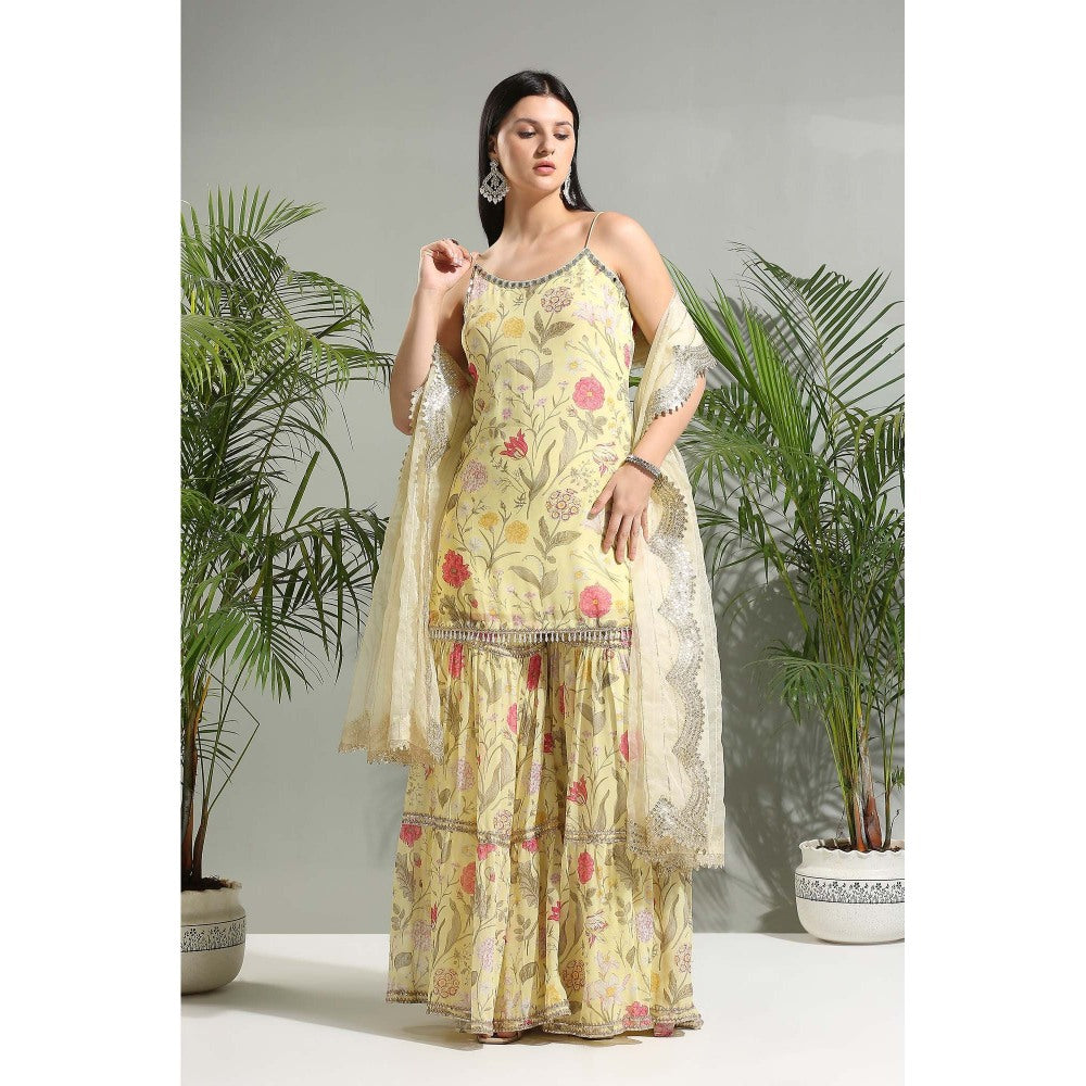 PRITI SAHNI DESIGNS Yellow Floral Sharara with Kurti and Dupatta (Set of 3)