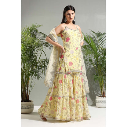 PRITI SAHNI DESIGNS Yellow Floral Sharara with Kurti and Dupatta (Set of 3)