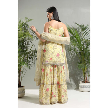 PRITI SAHNI DESIGNS Yellow Floral Sharara with Kurti and Dupatta (Set of 3)
