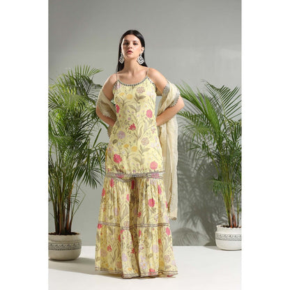 PRITI SAHNI DESIGNS Yellow Floral Sharara with Kurti and Dupatta (Set of 3)