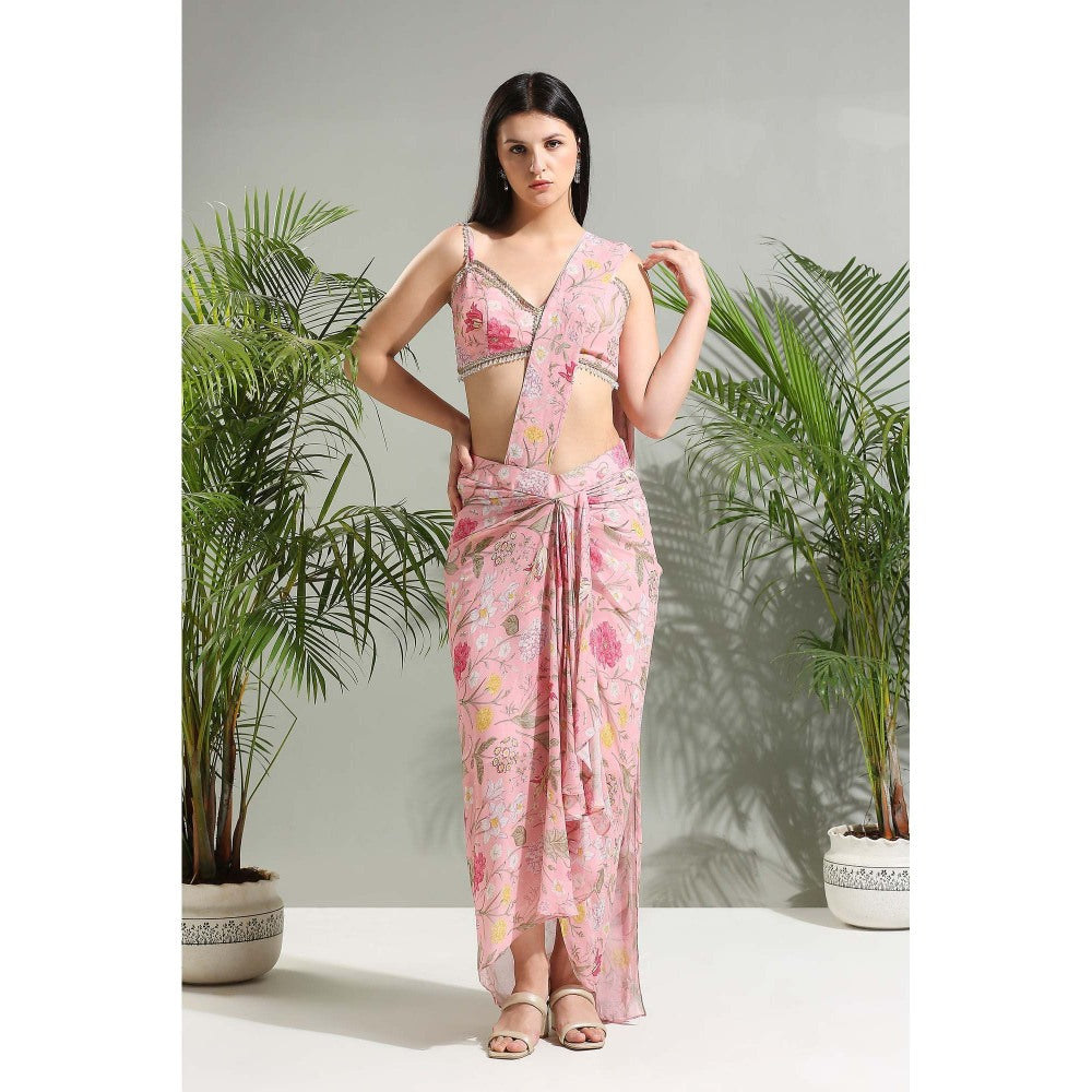 PRITI SAHNI DESIGNS Blush Pink Slit Pre-Draped Saree with Stitched Blouse
