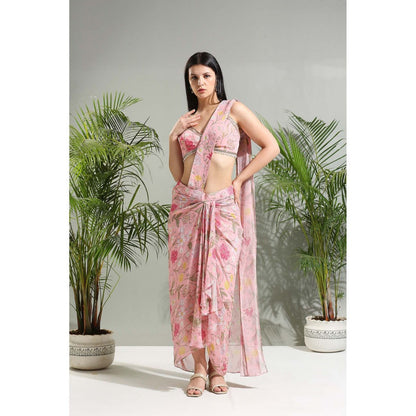 PRITI SAHNI DESIGNS Blush Pink Slit Pre-Draped Saree with Stitched Blouse