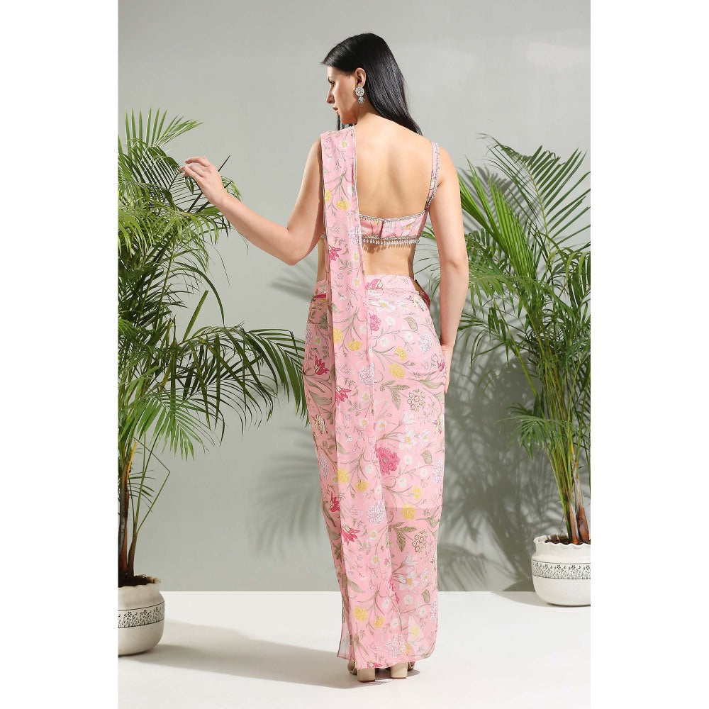 PRITI SAHNI DESIGNS Blush Pink Slit Pre-Draped Saree with Stitched Blouse