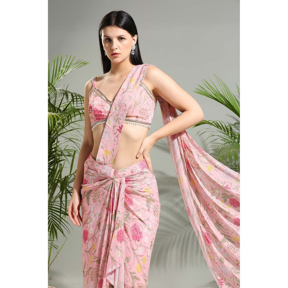 PRITI SAHNI DESIGNS Blush Pink Slit Pre-Draped Saree with Stitched Blouse