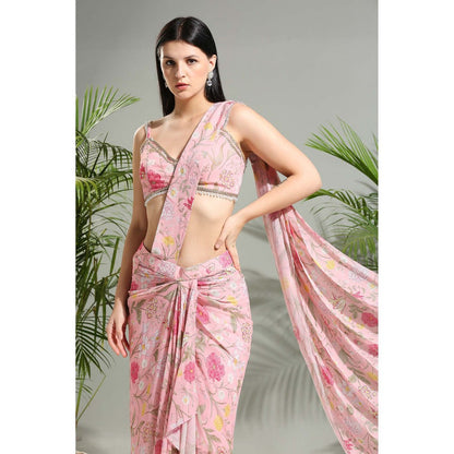 PRITI SAHNI DESIGNS Blush Pink Slit Pre-Draped Saree with Stitched Blouse