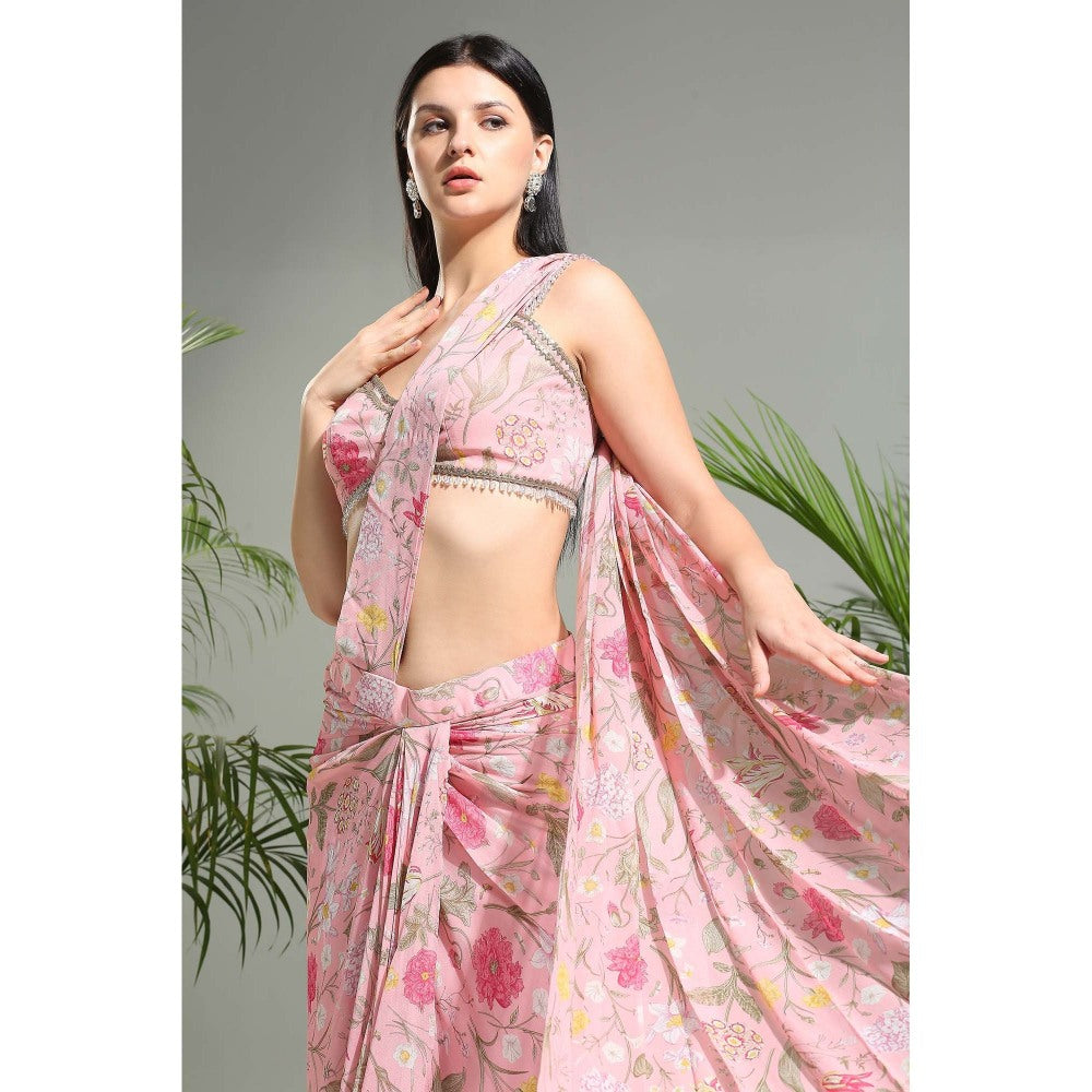 PRITI SAHNI DESIGNS Blush Pink Slit Pre-Draped Saree with Stitched Blouse