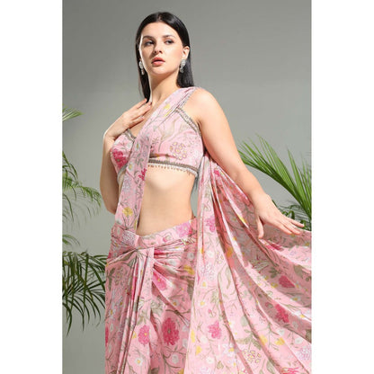 PRITI SAHNI DESIGNS Blush Pink Slit Pre-Draped Saree with Stitched Blouse