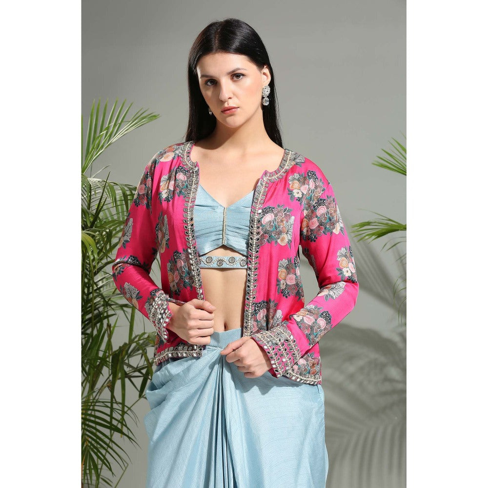 PRITI SAHNI DESIGNS Grey Blouse with Skirt and Cropped Jacket (Set of 3)