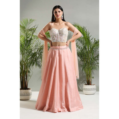 PRITI SAHNI DESIGNS Peach Corset Blouse with Lehenga and Dupatta (Set of 3)