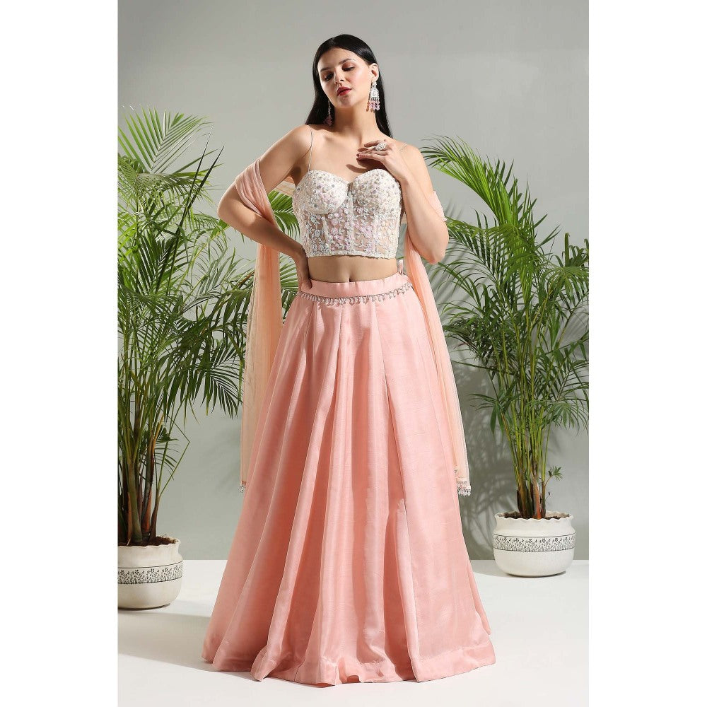 PRITI SAHNI DESIGNS Peach Corset Blouse with Lehenga and Dupatta (Set of 3)