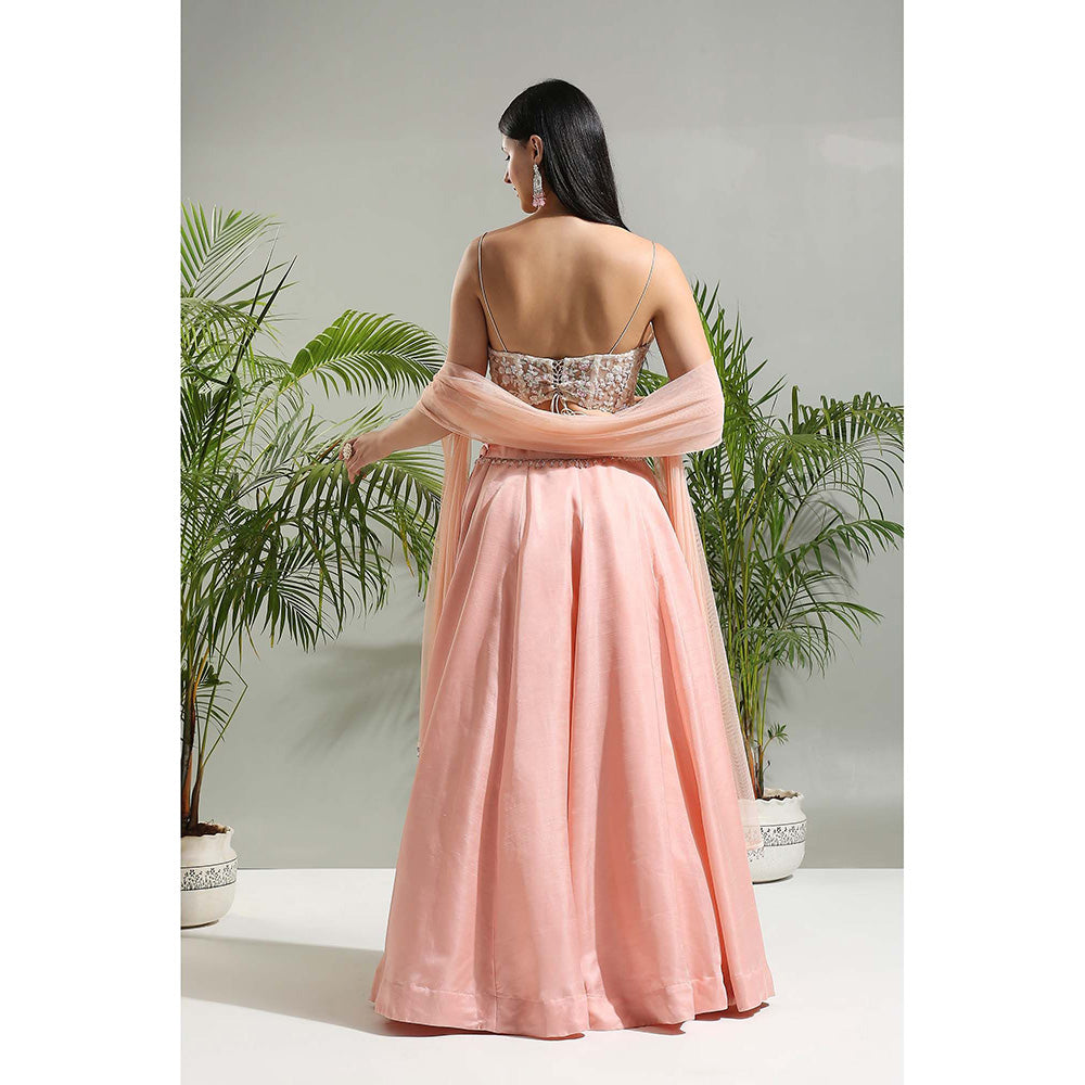 PRITI SAHNI DESIGNS Peach Corset Blouse with Lehenga and Dupatta (Set of 3)