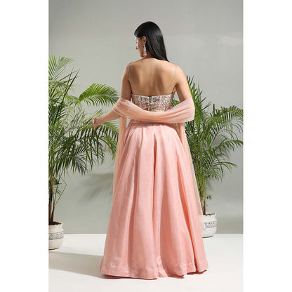 PRITI SAHNI DESIGNS Peach Corset Blouse with Lehenga and Dupatta (Set of 3)