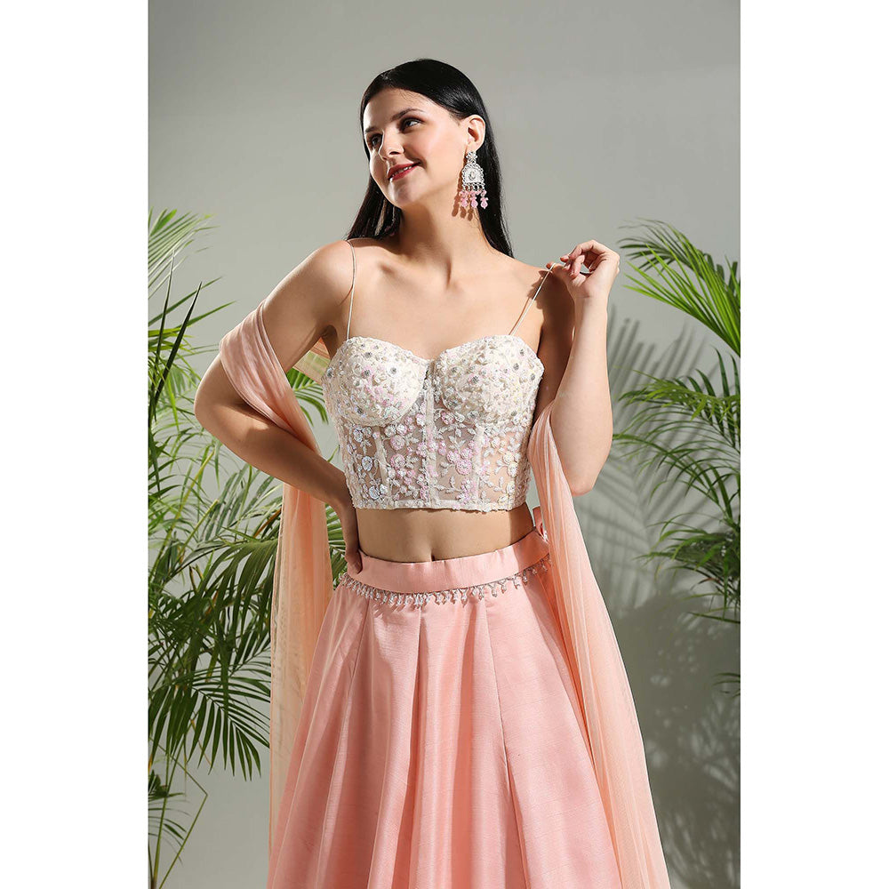PRITI SAHNI DESIGNS Peach Corset Blouse with Lehenga and Dupatta (Set of 3)