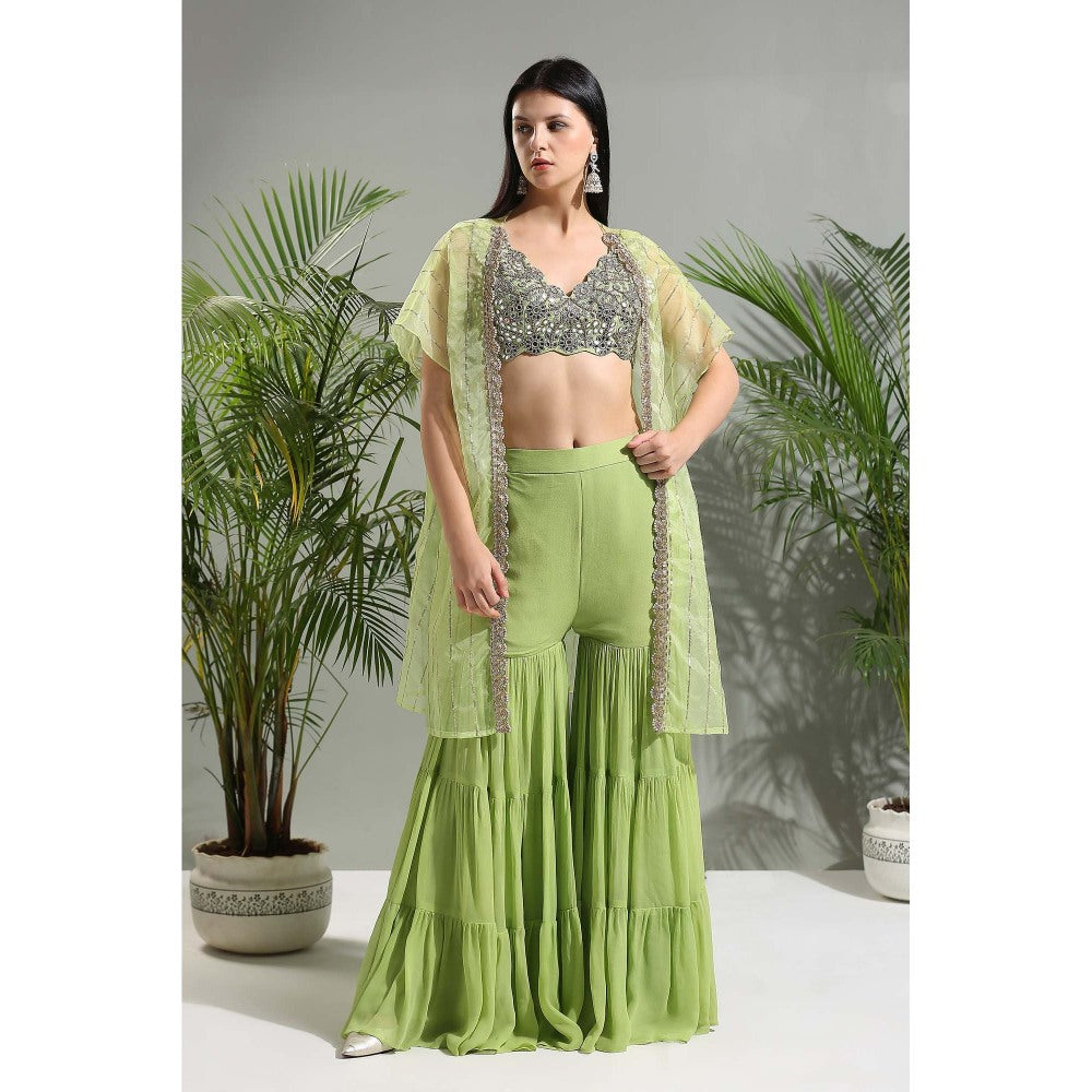 PRITI SAHNI DESIGNS Green Sharara with Blouse and Cape (Set of 2)