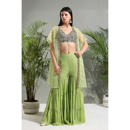 PRITI SAHNI DESIGNS Green Sharara with Blouse and Cape (Set of 2)