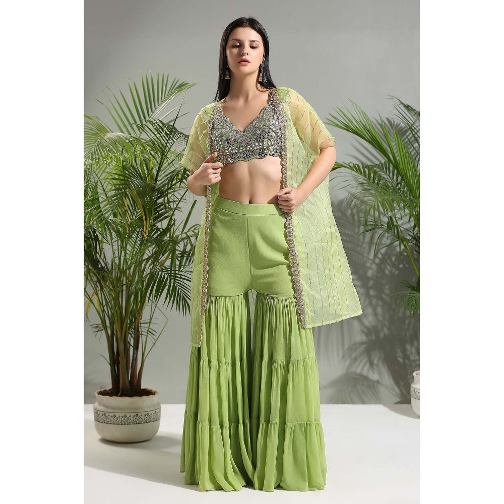 PRITI SAHNI DESIGNS Green Sharara with Blouse and Cape (Set of 2)