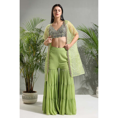 PRITI SAHNI DESIGNS Green Sharara with Blouse and Cape (Set of 2)