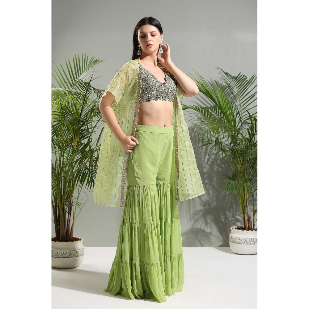 PRITI SAHNI DESIGNS Green Sharara with Blouse and Cape (Set of 2)