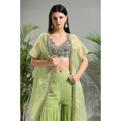 PRITI SAHNI DESIGNS Green Sharara with Blouse and Cape (Set of 2)