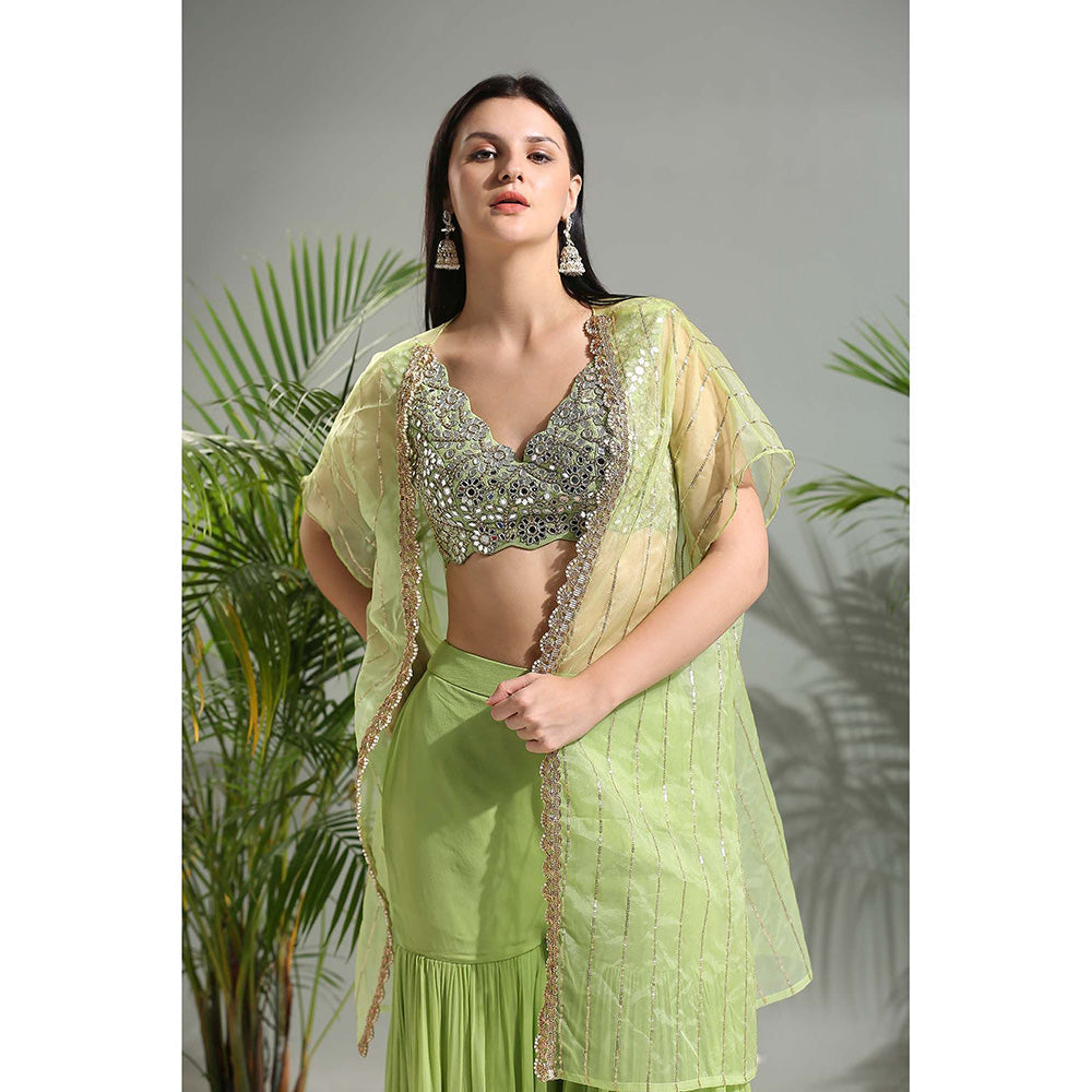 PRITI SAHNI DESIGNS Green Sharara with Blouse and Cape (Set of 2)