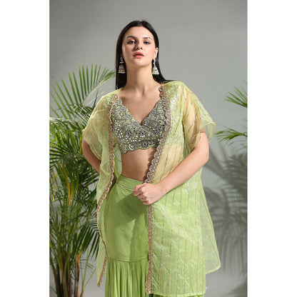 PRITI SAHNI DESIGNS Green Sharara with Blouse and Cape (Set of 2)