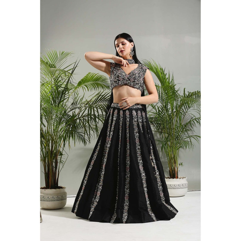 PRITI SAHNI DESIGNS Black Hand Embroidered Lehenga with Blouse and Dupatta (Set of 3)