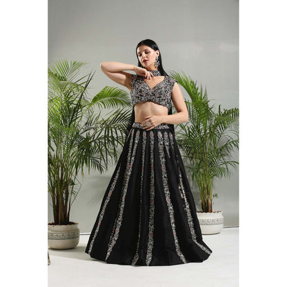 PRITI SAHNI DESIGNS Black Hand Embroidered Lehenga with Blouse and Dupatta (Set of 3)