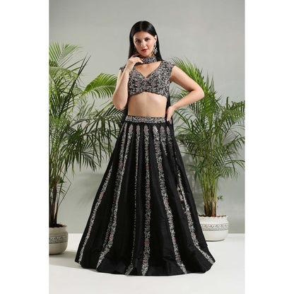 PRITI SAHNI DESIGNS Black Hand Embroidered Lehenga with Blouse and Dupatta (Set of 3)
