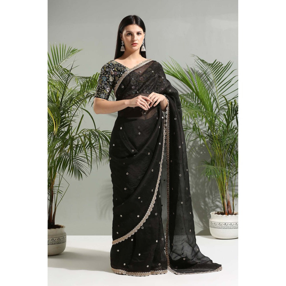 PRITI SAHNI DESIGNS Black Organza Embroidered Saree with Stitched Blouse