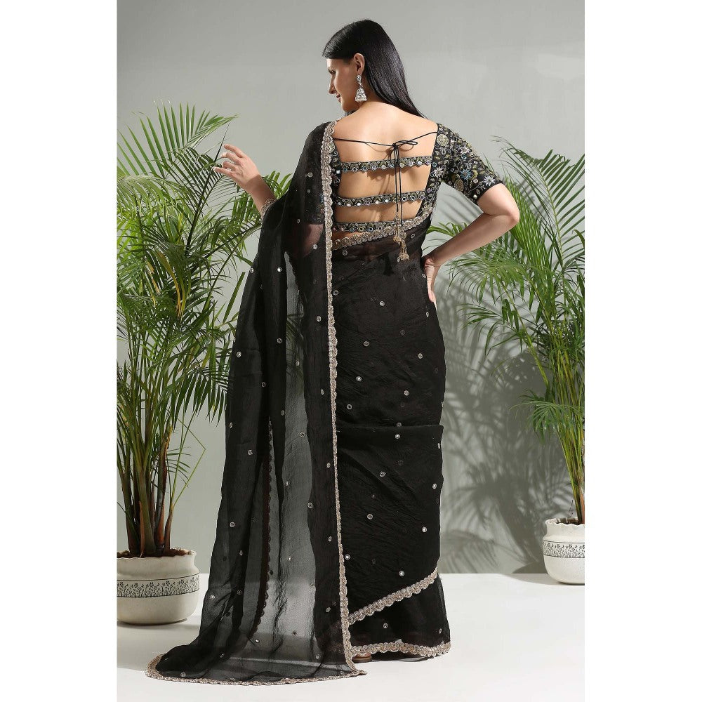 PRITI SAHNI DESIGNS Black Organza Embroidered Saree with Stitched Blouse