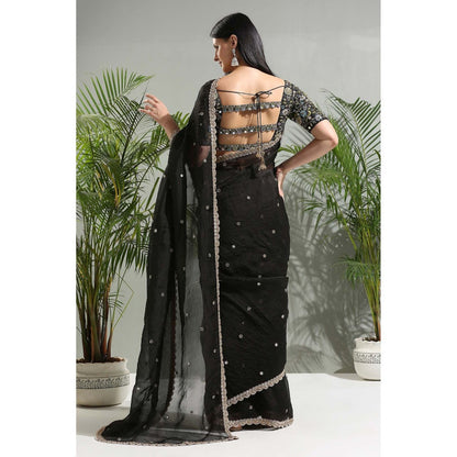 PRITI SAHNI DESIGNS Black Organza Embroidered Saree with Stitched Blouse
