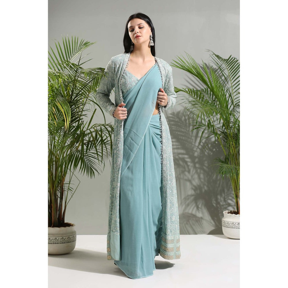 PRITI SAHNI DESIGNS Dusty Blue Saree with Stitched Blouse and Jacket