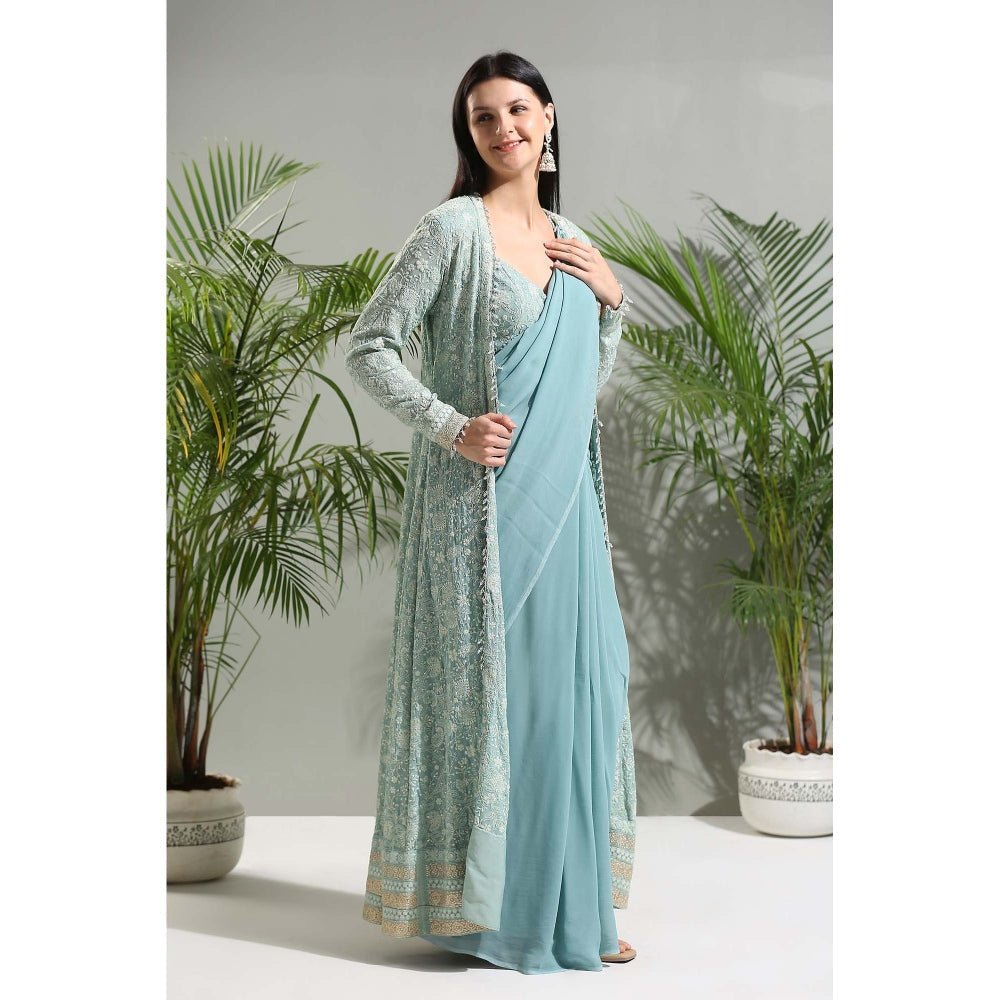 PRITI SAHNI DESIGNS Dusty Blue Saree with Stitched Blouse and Jacket