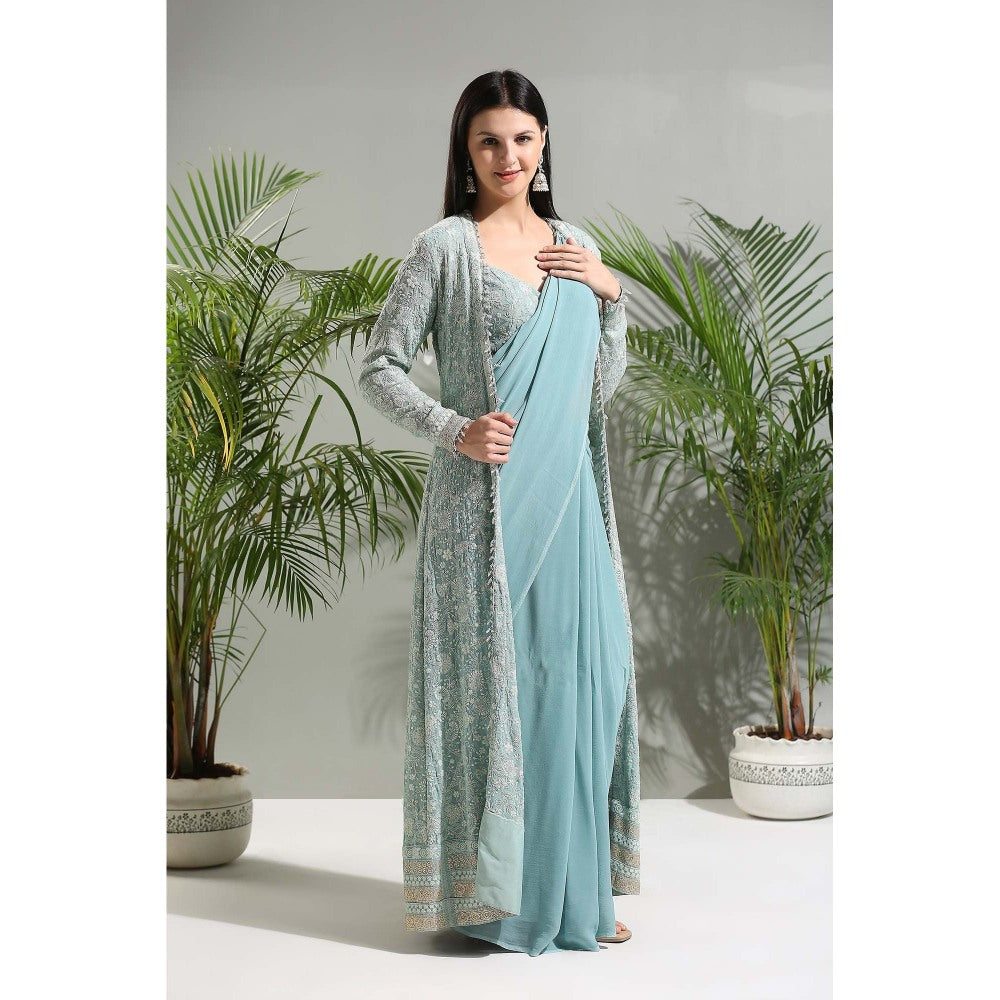 PRITI SAHNI DESIGNS Dusty Blue Saree with Stitched Blouse and Jacket