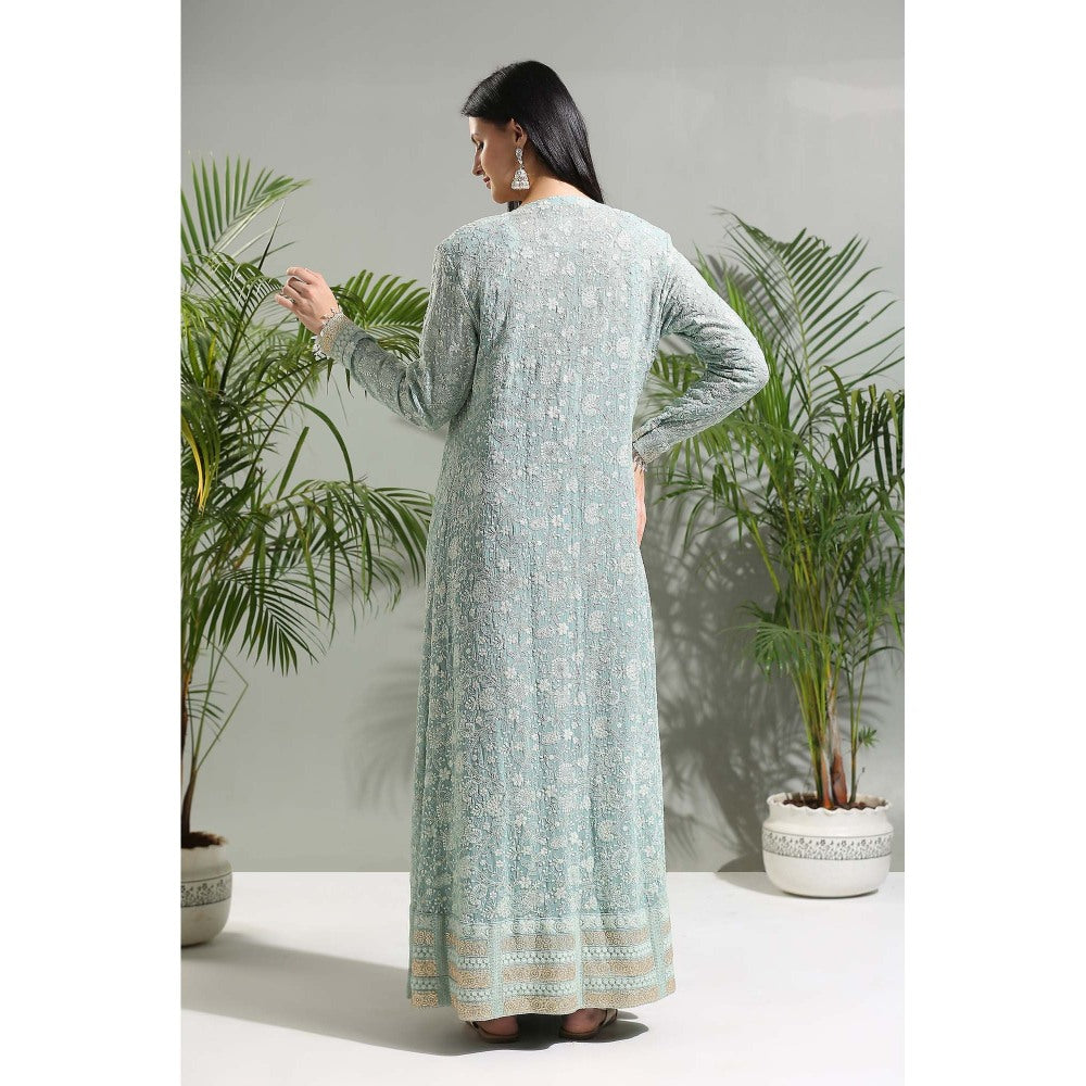 PRITI SAHNI DESIGNS Dusty Blue Saree with Stitched Blouse and Jacket