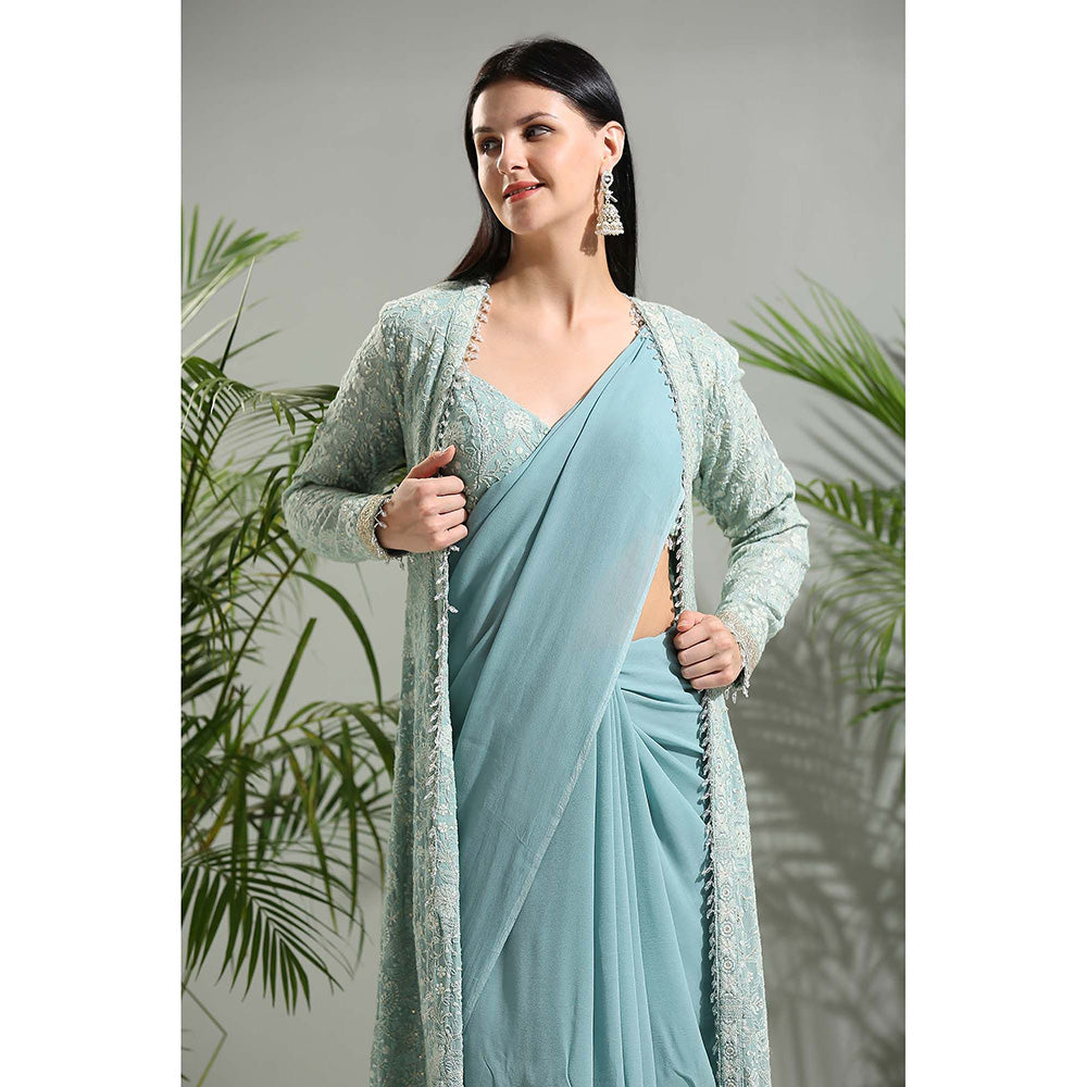 PRITI SAHNI DESIGNS Dusty Blue Saree with Stitched Blouse and Jacket