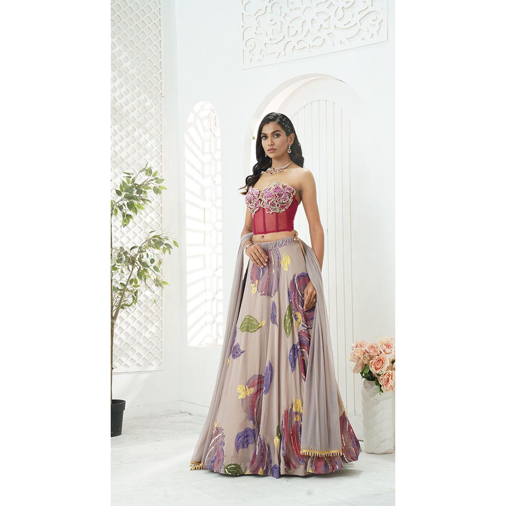 PRITI SAHNI DESIGNS Multicolor Embroidered Floral Blouse with Lehenga & Dupatta