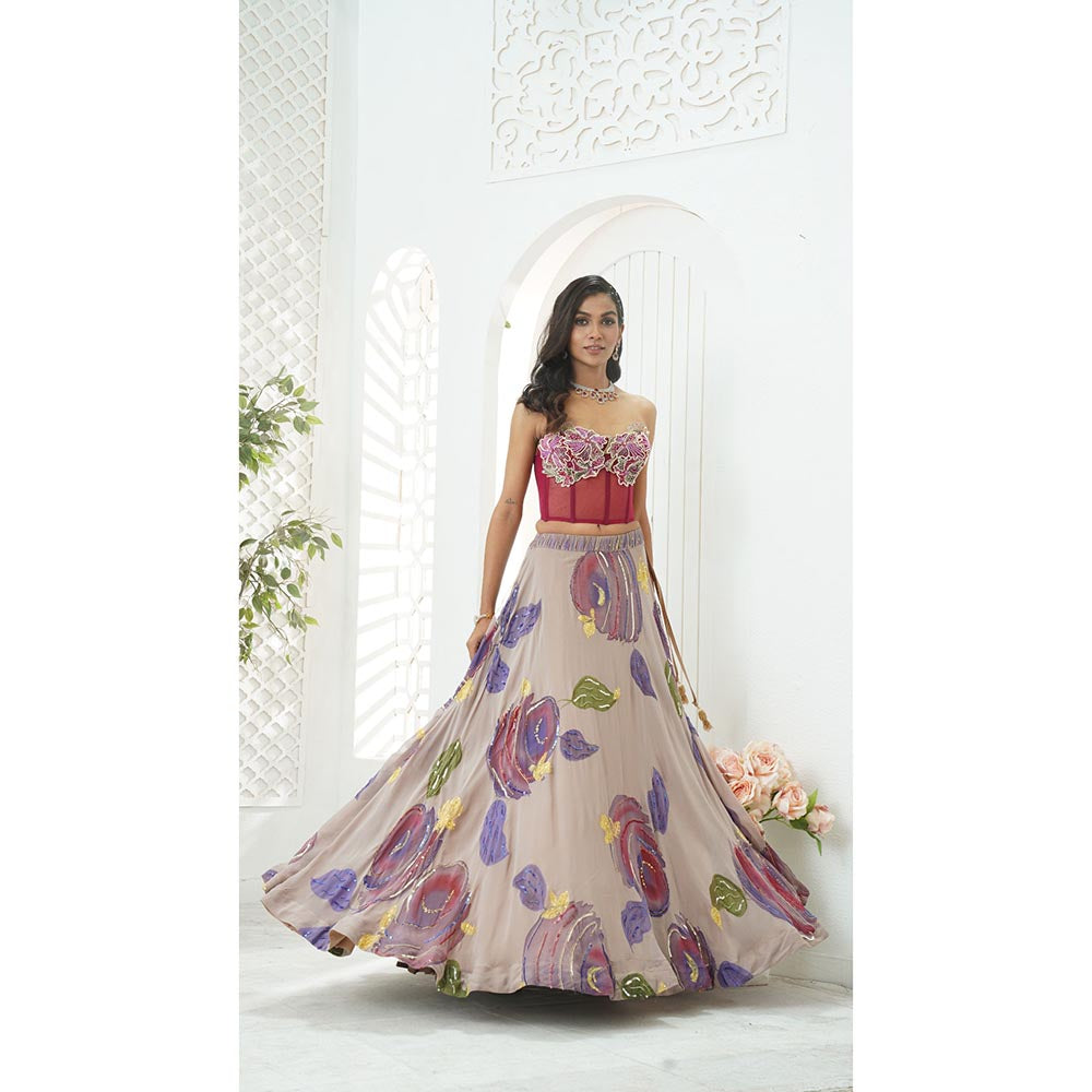 PRITI SAHNI DESIGNS Multicolor Embroidered Floral Blouse with Lehenga & Dupatta