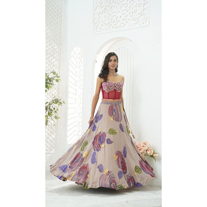 PRITI SAHNI DESIGNS Multicolor Embroidered Floral Blouse with Lehenga & Dupatta