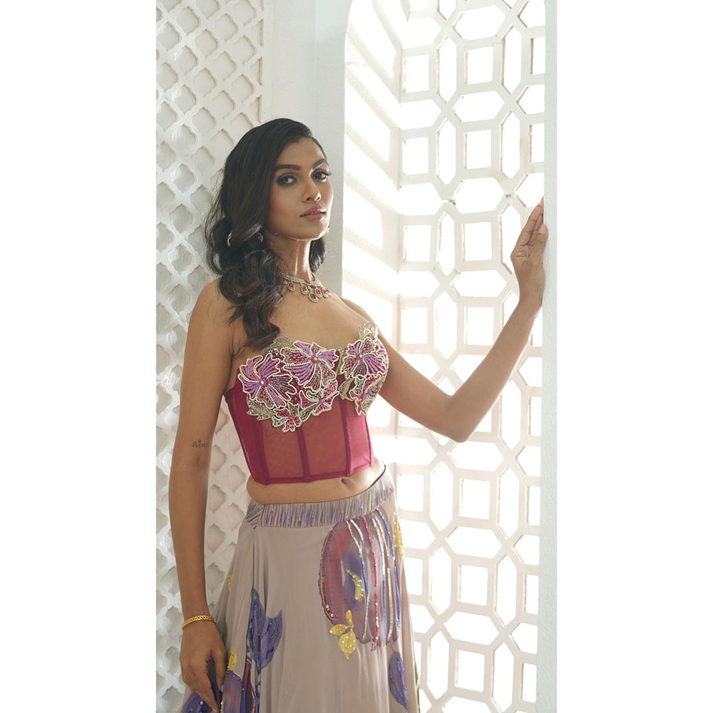 PRITI SAHNI DESIGNS Multicolor Embroidered Floral Blouse with Lehenga & Dupatta
