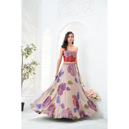 PRITI SAHNI DESIGNS Multicolor Embroidered Floral Blouse with Lehenga & Dupatta