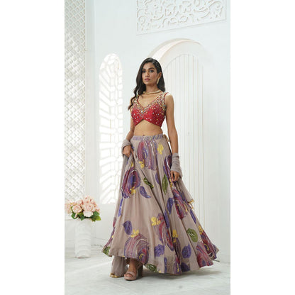 PRITI SAHNI DESIGNS Multicolor Embroidered Blouse with Lehenga & Dupatta