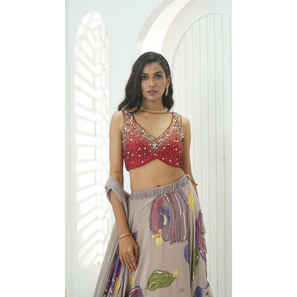 PRITI SAHNI DESIGNS Multicolor Embroidered Blouse with Lehenga & Dupatta