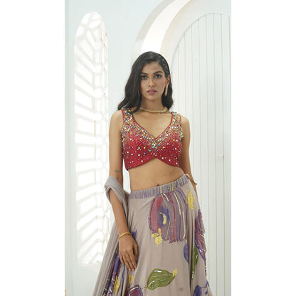 PRITI SAHNI DESIGNS Multicolor Embroidered Blouse with Lehenga & Dupatta