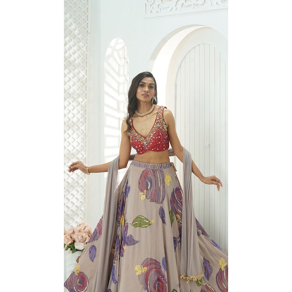 PRITI SAHNI DESIGNS Multicolor Embroidered Blouse with Lehenga & Dupatta