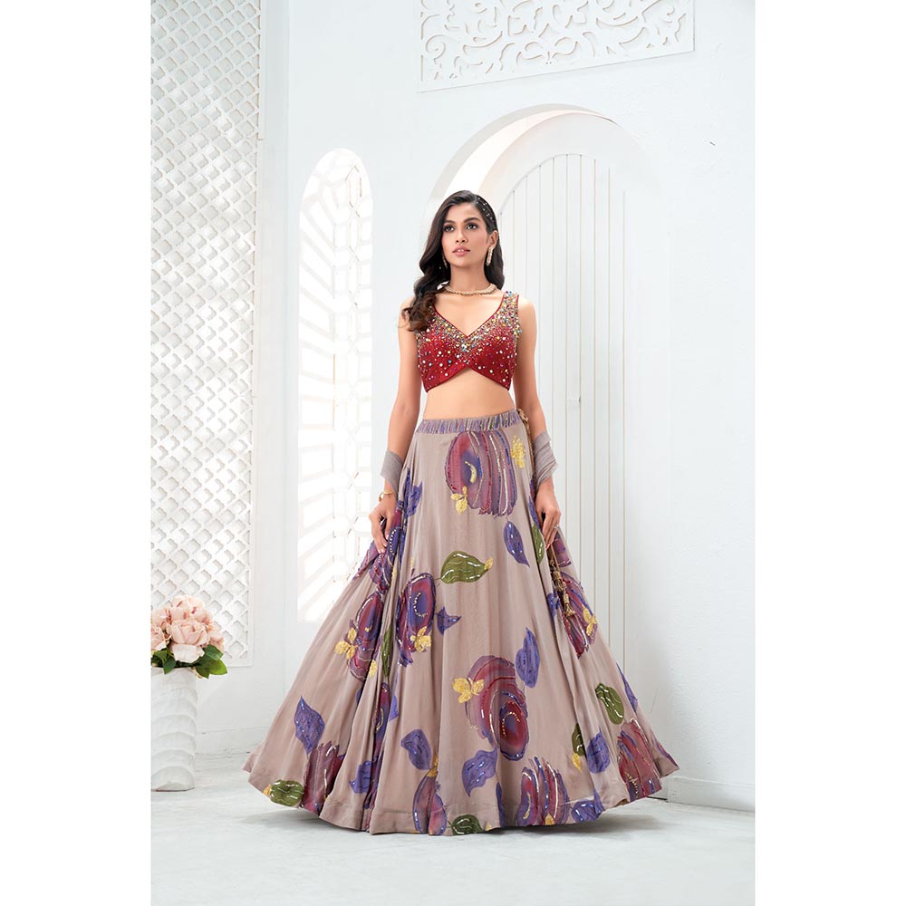 PRITI SAHNI DESIGNS Multicolor Embroidered Blouse with Lehenga & Dupatta