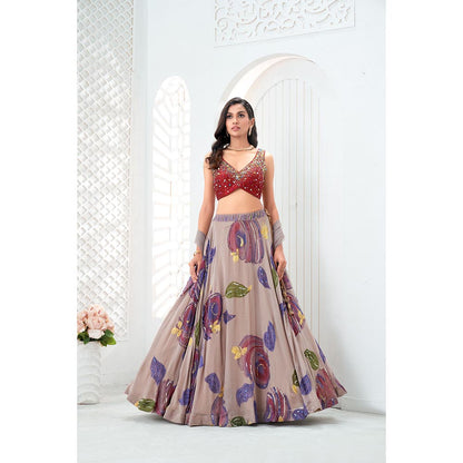 PRITI SAHNI DESIGNS Multicolor Embroidered Blouse with Lehenga & Dupatta