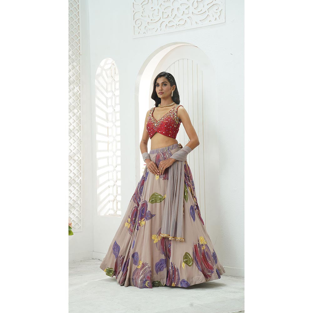 PRITI SAHNI DESIGNS Multicolor Embroidered Blouse with Lehenga & Dupatta