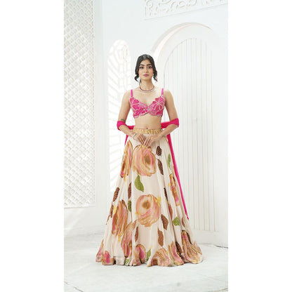 PRITI SAHNI DESIGNS Pink Floral Embroidered Blouse with Lehenga & Dupatta